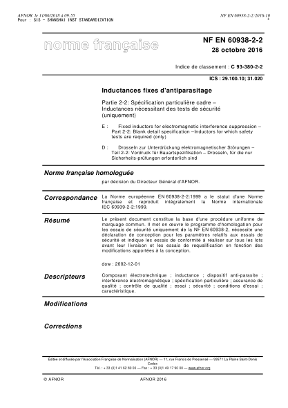 NF EN 60938-2-2-2016   Fixed inductors for electromagnetic interference suppression - Part 2-2 - blank detail specification - Inductors for which safety tests are required (only)