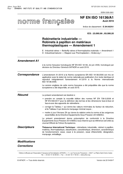 NF E29-342/A1-2019   Industrial valves - Butterfly valves of thermoplastics materials - Amendment 1
