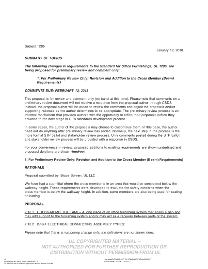 UL 1286 BULLETIN-2018  Ul Standard For Safety Office Furnishings (Comments Due: February 12, 2018)