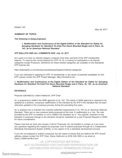 UL 14C BULLETIN-2017   Ul Standard For Safety Swinging Hardware For Standard Tin-Clad Fire Doors Mounted Singly And In Pairs (Comments Due: July 10, 2017)