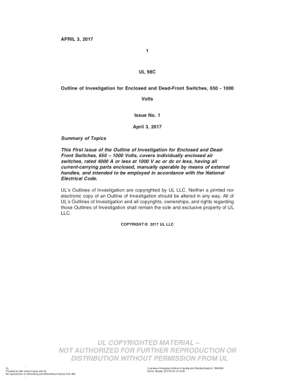 UL SUBJECT 98C-2017   UL Standard for Safety Enclosed and Dead-Front Switches,650-1000 Volts (Issue 1)