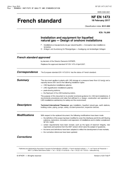 NF M51-002-2017   Installation and equipment for liquefied natural gas - Design of onshore installations