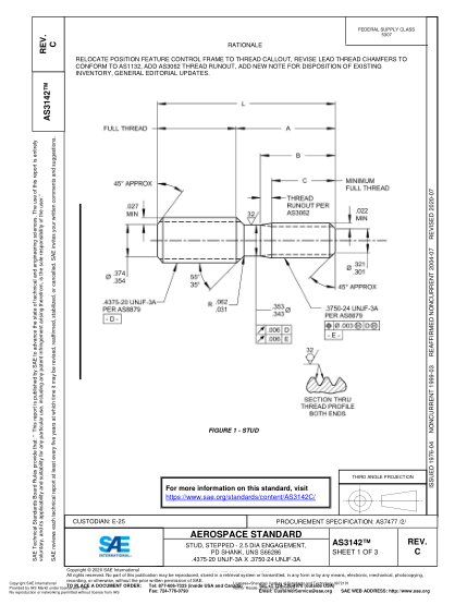 SAE AS3142C-2020  Stud, Stepped - 2.5 Dia Engagement, Pd Shank, Uns S66286 .4375-20 Unjf-3A X .3750-24 Unjf-3A