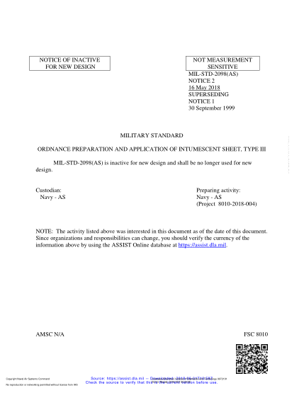 NAVY MIL-STD-2098 NOTICE 2-2018  Ordnance Preparation And Application Of Intumescent Sheet, Type Iii