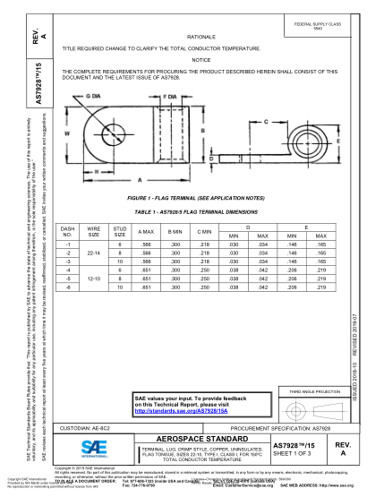 SAE AS7928/15A-2019  Terminal, Lug, Crimp Style, Copper, Uninsulated, Flag Tongue, Sizes 22-10, Type I, Class I, For 150oc Total Conductor Temperature