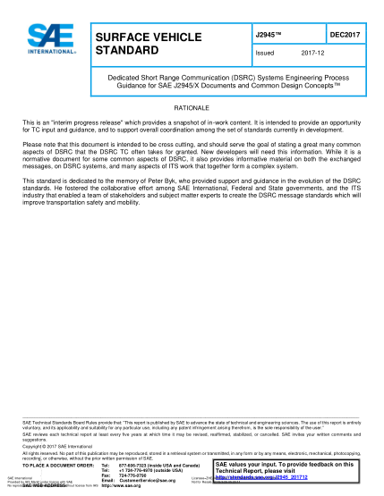 SAE J2945-2017  Dedicated Short Range Communication (Dsrc) Systems Engineering Process Guidance For Sae J2945/X Documents And Common Design Concepts