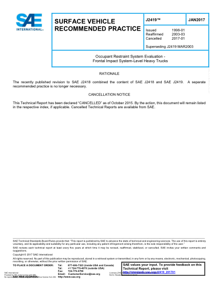SAE J2419-2017   Occupant Restraint System Evaluation - Frontal Impact System-Level Heavy Trucks