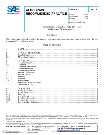 SAE ARP4014A-2017  Aircraft Turbine Engine Pneumatic Component Contaminated Air Endurance Test