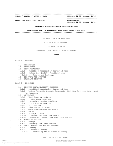 NAVY UFGS-09 64 00-2016   Portable (Demountable) Wood Flooring (Incorporating Change 1: August 1, 2018)