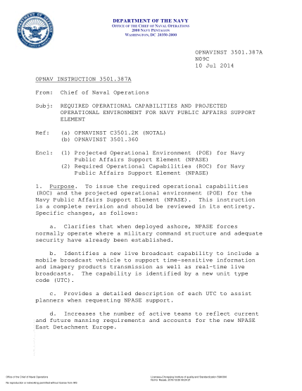 NIDS OPNAV 3501.387A-2014  (N09C) Required Operational Capabilities And Projected Operational Environment For Navy Public Affairs Support Element