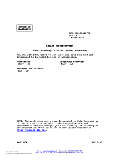 NAVY MIL-DTL-22442/5B VALID NOTICE 1-2014  Cable,Assembly,Aircraft Audio,Connector
