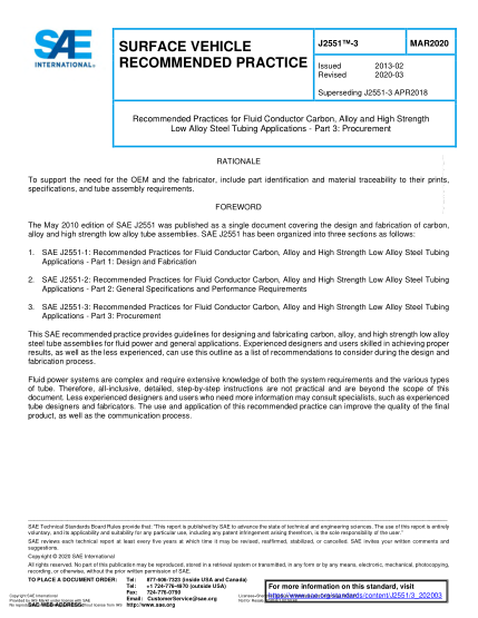 SAE J2551-3-2020  Recommended Practices For Fluid Conductor Carbon, Alloy And High Strength Low Alloy Steel Tubing Applications - Part 3: Procurement