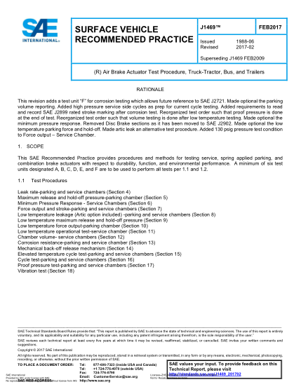 SAE J1469-2017   (R) Air Brake Actuator Test Procedure, Truck-Tractor, Bus, And Trailers