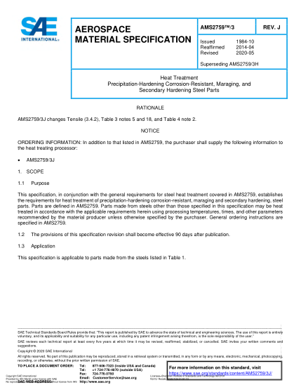 SAE AMS2759/3J-2020  Heat Treatment Precipitation-Hardening Corrosion-Resistant, Maraging, And Secondary Hardening Steel Parts