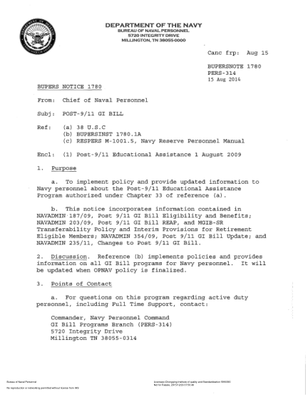 NIDS BUPERS NOTE 1780-2014  (Pers-314) Post-9/11 Gi Bill