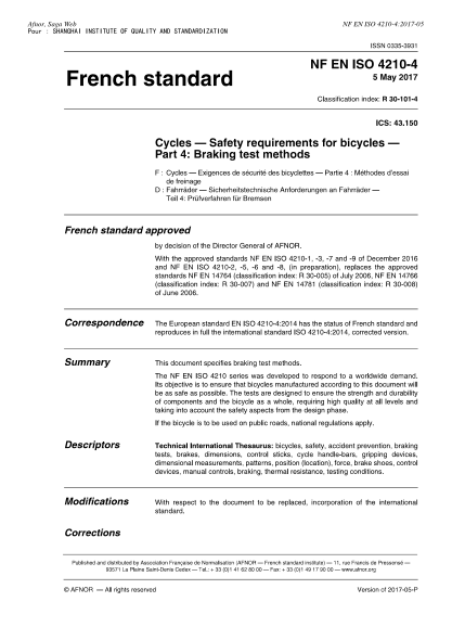 NF EN ISO 4210-4-2017   Cycles-Safety requirements for bicycles-Part 4 : braking test methods