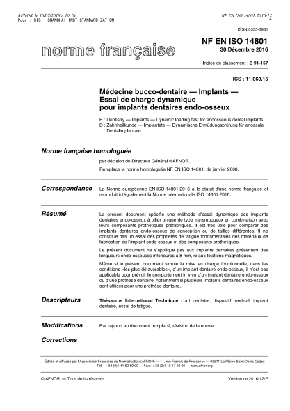 NF S91-157-2016   Dentistry - Implants - Dynamic loading test for endosseous dental implants