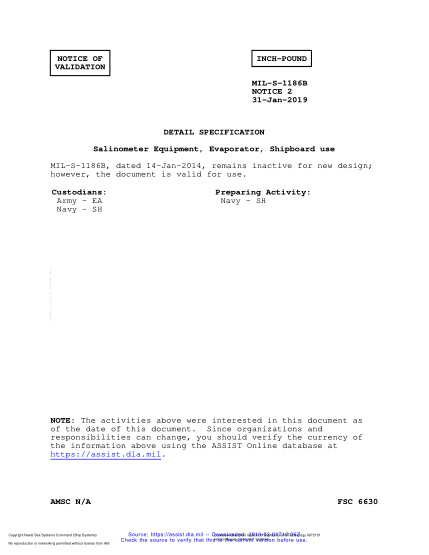 NAVY MIL-S-1186B VALID NOTICE 2-2019  Salinometer Equipment, Evaporator, Shipboard Use