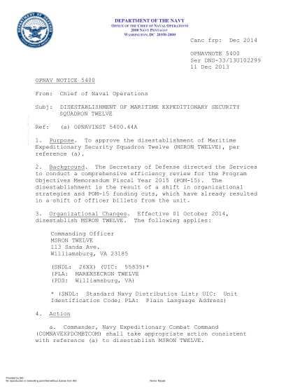 NIDS OPNAV NOTE 5400 13U102299-2013  (Ser Dns-33/13U102299) Disestablishment Of Maritime Expeditionary Security Squadron Twelve