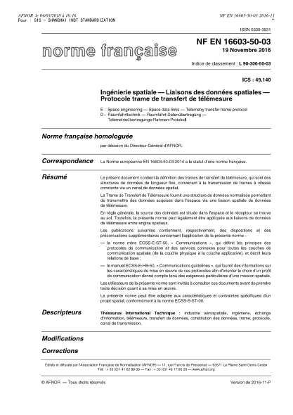 NF EN 16603-50-03-2016   Space engineering - Space data links - Telemetry transfer frame protocol