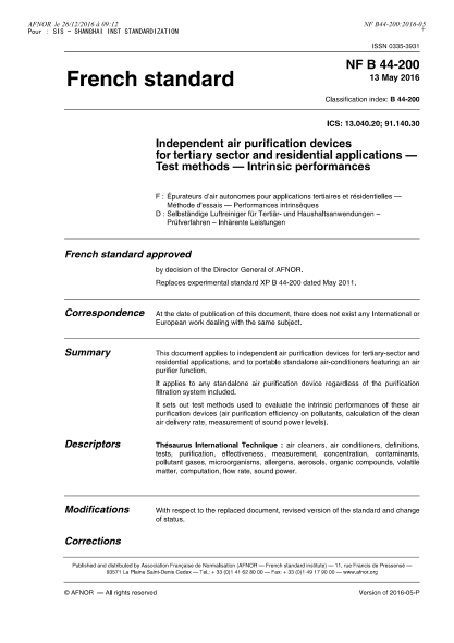 NF B44-200-2016   Independent air purification devices for tertiary sector and residential applications - Test methods - Intrinsic performances