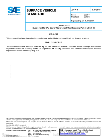 SAE J20-1-2018  Coolant Hose (Supplement To Sae J20 For Government Use Replacing Part Of Ms52130)