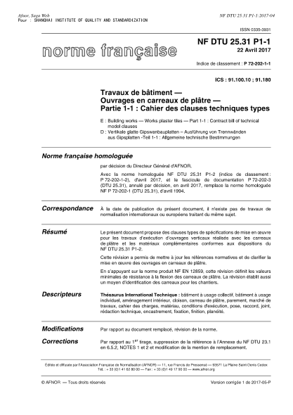 NF P72-202-1-1-2017   DTU 25.31-Building works-Works plaster tiles-Part 1-1-contract bill of technical model clauses
