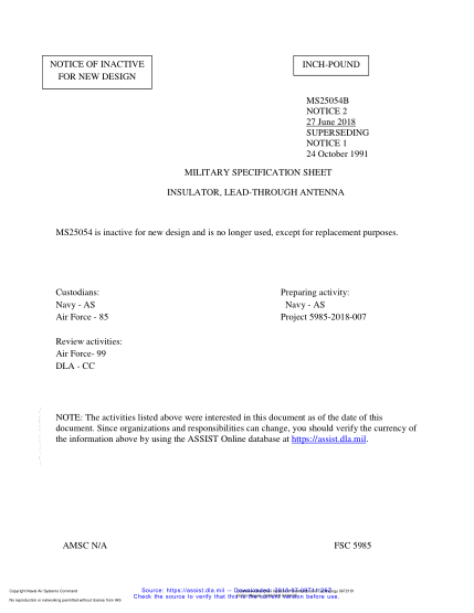 NAVY MS25054 REV B NOTICE 2-2018  Insulator, Lead-Through Antenna