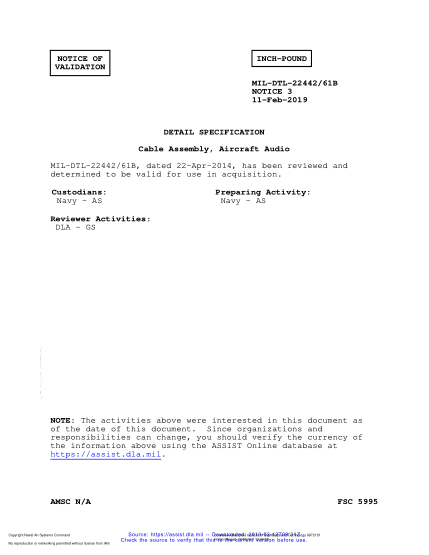 NAVY MIL-DTL-22442/61B VALID NOTICE 3-2019  Cable Assembly, Aircraft Audio
