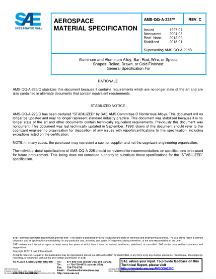 SAE AMS-QQ-A-225C-2018  Aluminum And Aluminum Alloy,Bar,Rod,Wire,Or Special Shapes;Rolled,Drawn,Or Cold Finished;General Specification For (Uns A91100)