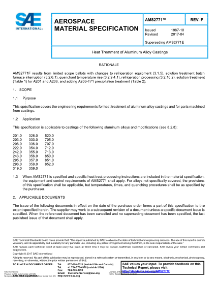 SAE AMS2771F-2017  Heat Treatment Of Aluminum Alloy Castings