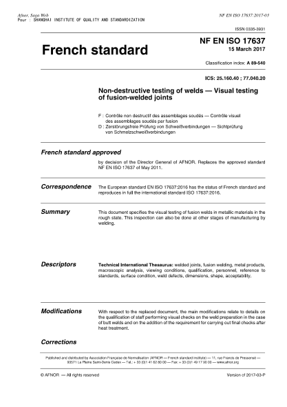NF EN ISO 17637-2017   Non-destructive testing of welds - Visual testing of fusion-welded joints