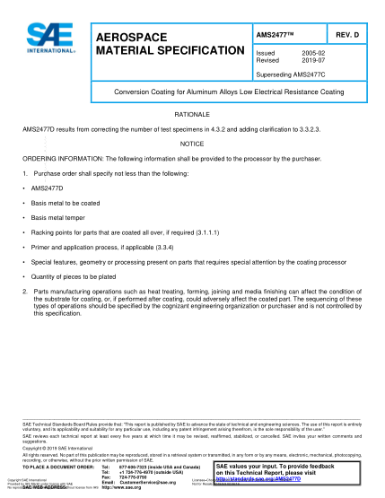 SAE AMS2477D-2019  Conversion Coating For Aluminum Alloys Low Electrical Resistance Coating