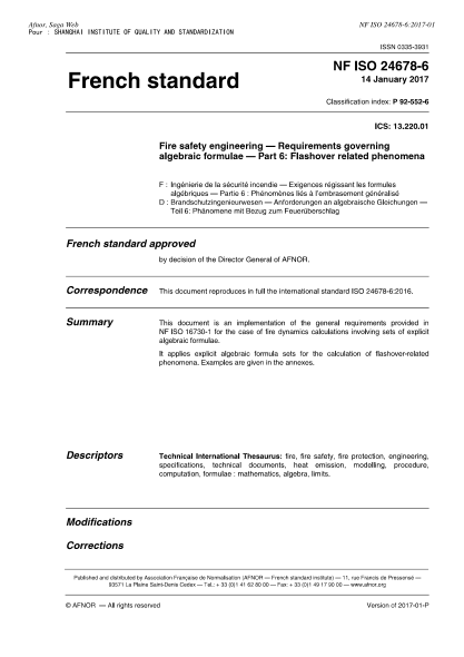 NF ISO 24678-6-2017   Fire safety engineering - Requirements governing algebraic formulae - Part 6 - flashover related phenomena