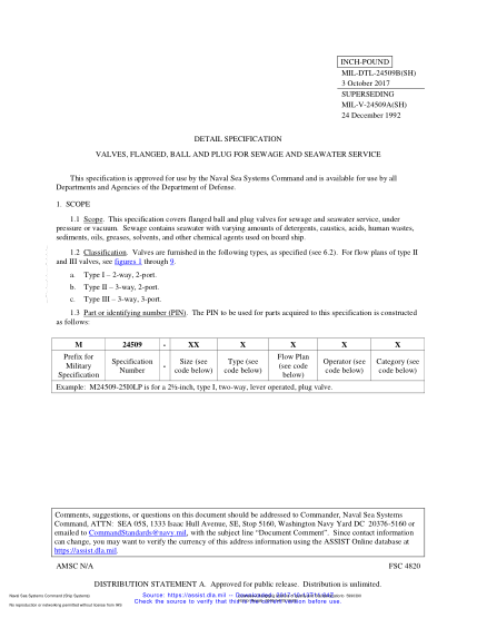 NAVY MIL-DTL-24509B-2017  Valves,Flanged,Ball And Plug For Sewage And Sea Water Service