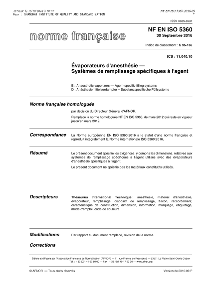 NF S95-165-2016   Anaesthetic vaporizers - Agent-specific filling systems