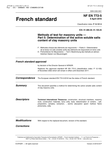 NF P12-101-5-2016   Methods of test for masonry units - Part 5 - determination of the active soluble salts content of clay masonry units