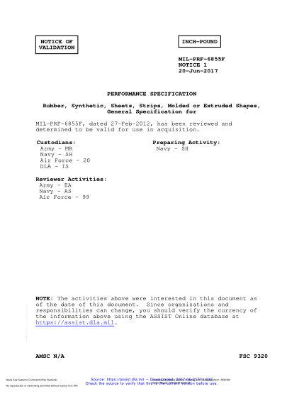 NAVY MIL-PRF-6855F VALID NOTICE 1-2017  Rubber, Synthetic, Sheets, Strips, Molded Or Extruded Shapes, General Specification For