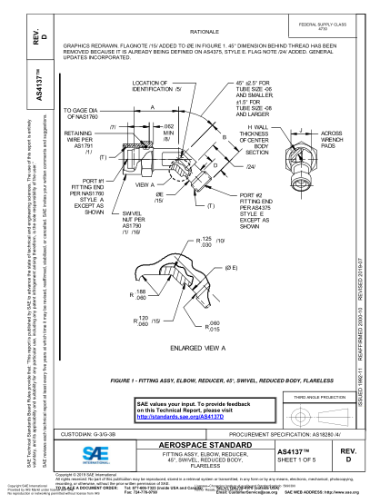 SAE AS4137D-2019  Fitting Assy, Elbow, Reducer, 45°, Swivel, Reduced Body, Flareless