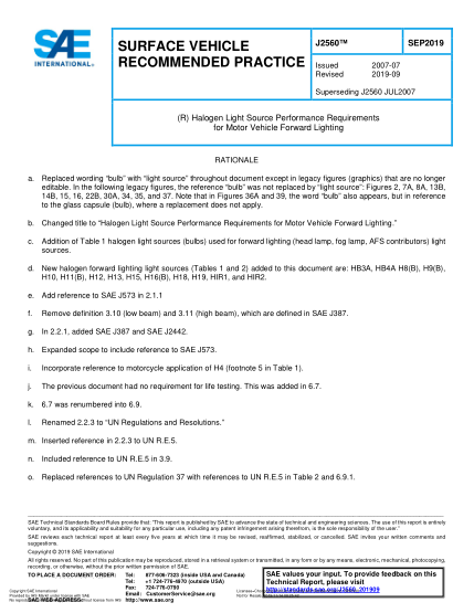 SAE J2560-2019  (R) Halogen Light Source Performance Requirements For Motor Vehicle Forward Lighting