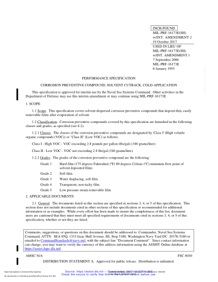 NAVY MIL-PRF-16173E W/INT AMD 2-2017  Corrosion Preventive Compound,Solvent Cutback,Cold-Application