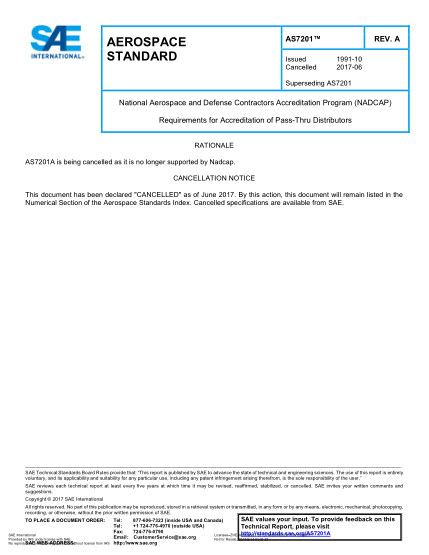 SAE AS7201A-2017  National Aerospace And Defense Contractors Accreditation Program (Nadcap) Requirements For Accreditation Of Pass-Thru Distributors