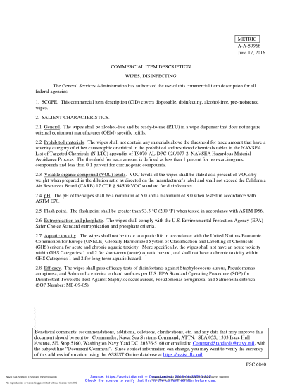 NAVY A-A-59968-2016  Wipes,Disinfecting