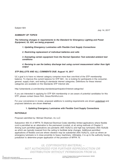 UL 924 BULLETIN/2-2017  Ul Standard For Safety Emergency Lighting And Power Equipment (Comments Due: August 14, 2017)