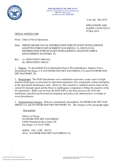 NIDS OPNAV NOTE 5400 18U102214-2018  (Serdns-33/18U102214) Disestablish Naval Information Forces Fleet Intelligence Adaptive Force Detachment San Diego,Ca And Naval Information Forces Fleet Intelligence Adaptive Force Detachment Mayport,Fl