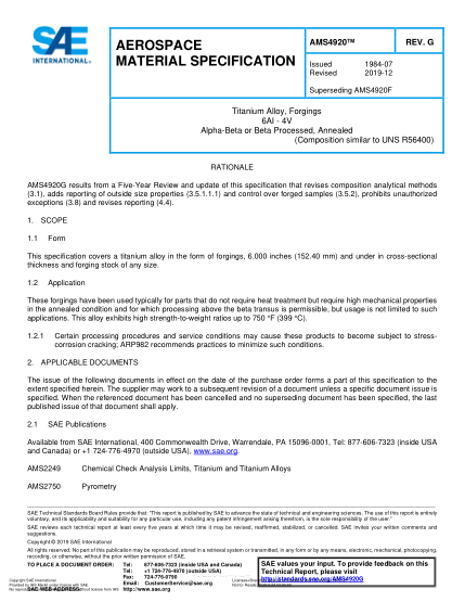SAE AMS4920G-2019  Titanium Alloy, Forgings 6AI - 4V Alpha-Beta or Beta Processed, Annealed (UNS R56400)