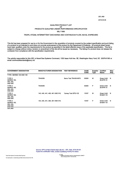 NAVY QPL-960-2016  Traps, Steam, Intermittent Discharge And Continuous Flow, Naval Shipboard