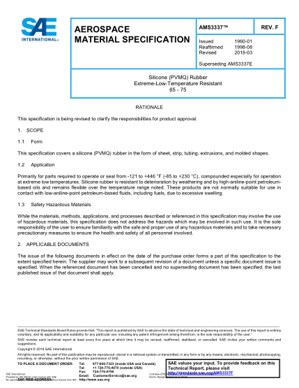 SAE AMS3337F-2018  Silicone (Pvmq) Rubber Extreme-Low-Temperature Resistant 65 - 75