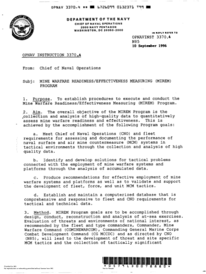 NIDS OPNAV 3370.4-1996  (N85) MINE WARFARE READINESS/ EFFECTIVENESS MEASURING (MIREM) PROGRAM
