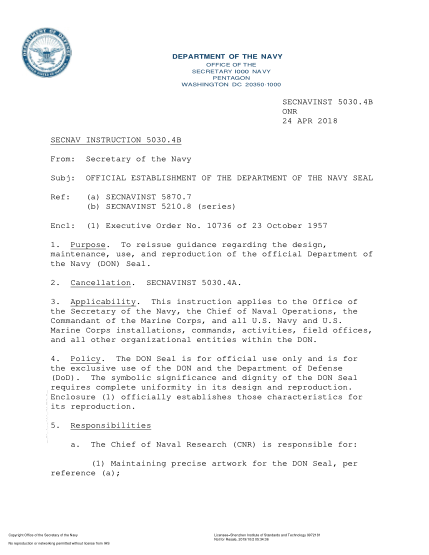 NIDS SECNAV 5030.4B-2018  (Onr) Official Establishment Of The Department Of The Navy Seal